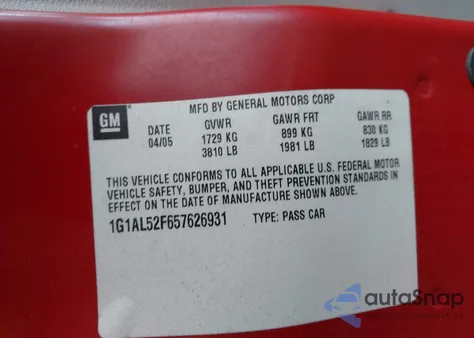 2005 Chevrolet Cobalt Ls из США, поврежденный, VIN 1G1AL52F657626931